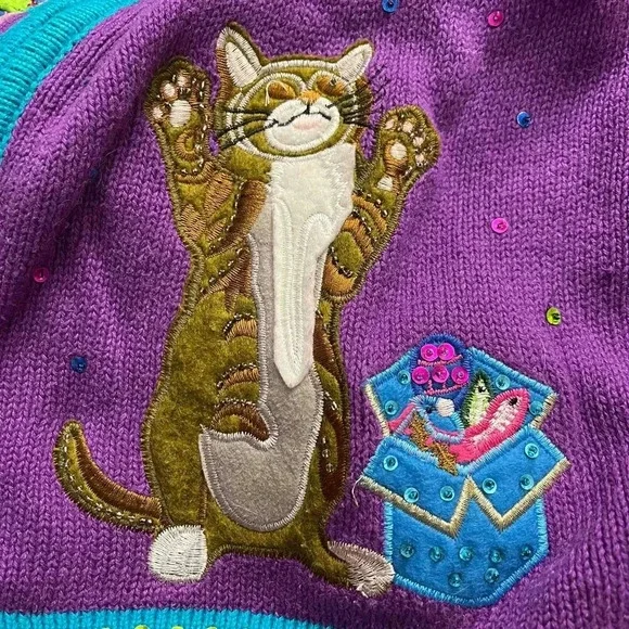 Heirloom Collectibles Vintage Christmas Cat Cardigan Sweater Small Art To Wear - Picture 10 of 13